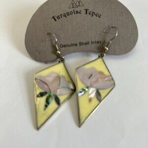 Vintage Mexico Alpaca Silver shell Inlay Abalone hook Earrings pink flowers